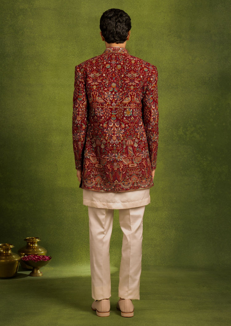 Twamev Men Radiant Red Georgette Indo Western