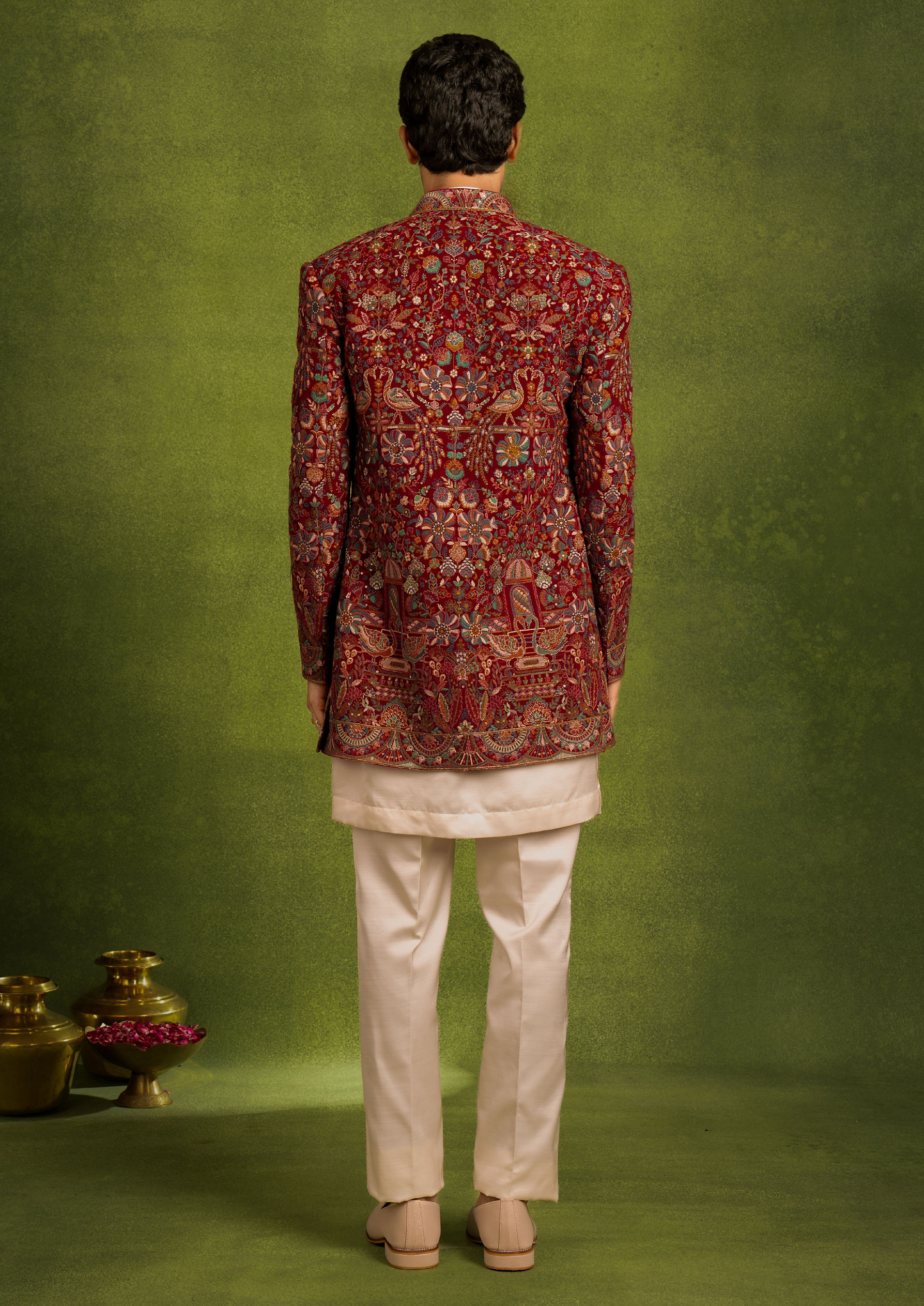 Twamev Men Radiant Red Georgette Indo Western