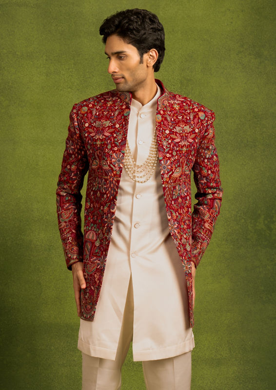 Twamev Men Radiant Red Georgette Indo Western