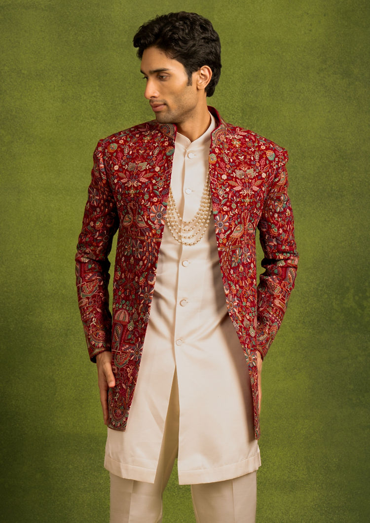 Twamev Men Radiant Red Georgette Indo Western