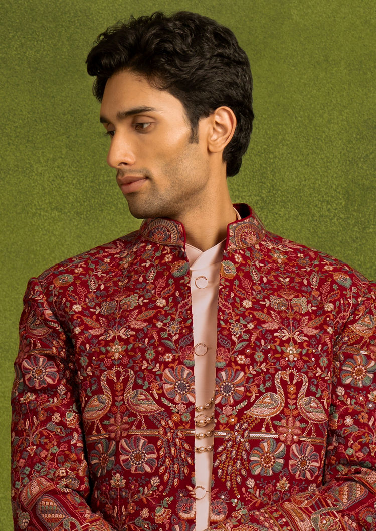 Twamev Men Radiant Red Georgette Indo Western