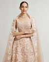 Mohey Women Coral Peach Floral Embriodered Lehenga with Sequin Embellishments