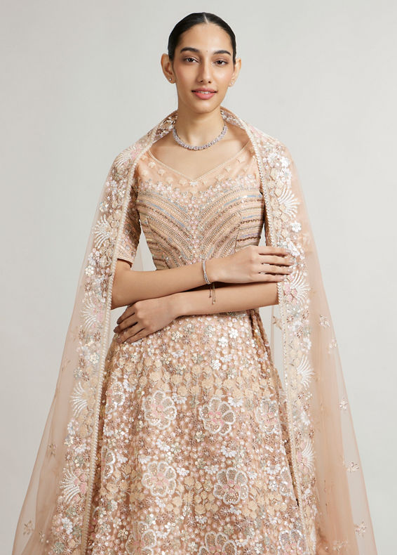 Mohey Women Coral Peach Floral Embriodered Lehenga with Sequin Embellishments