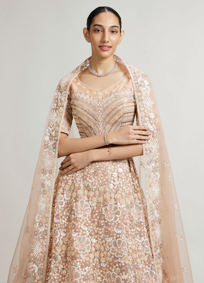 Mohey Women Coral Peach Floral Embriodered Lehenga with Sequin Embellishments