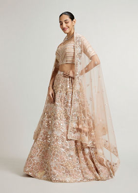 Mohey Women Coral Peach Floral Embriodered Lehenga with Sequin Embellishments image number 2