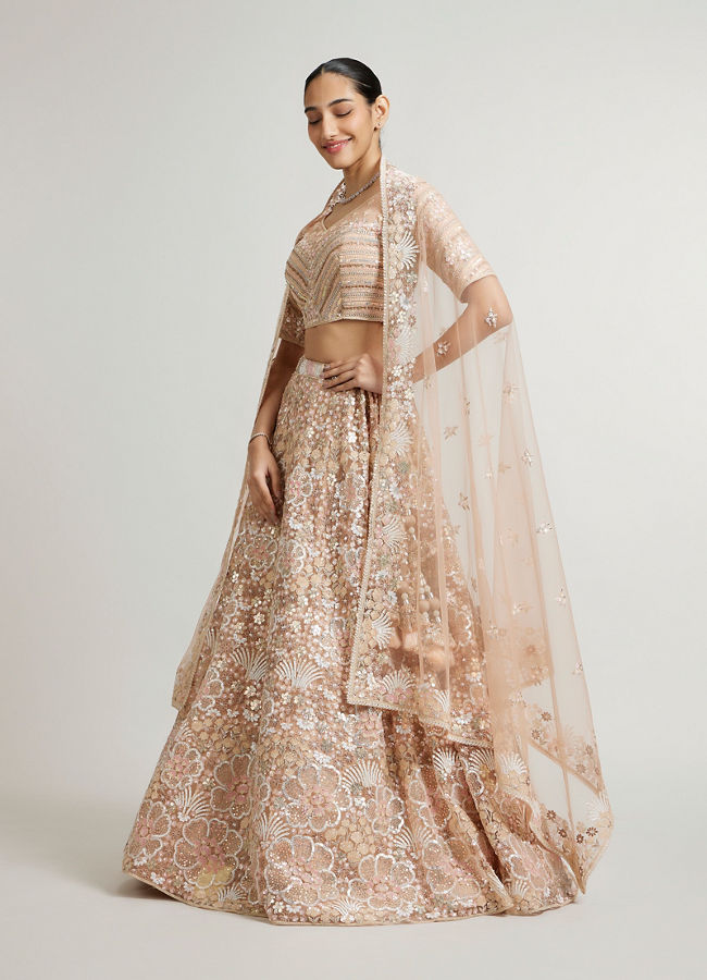 Mohey Women Coral Peach Floral Embriodered Lehenga with Sequin Embellishments