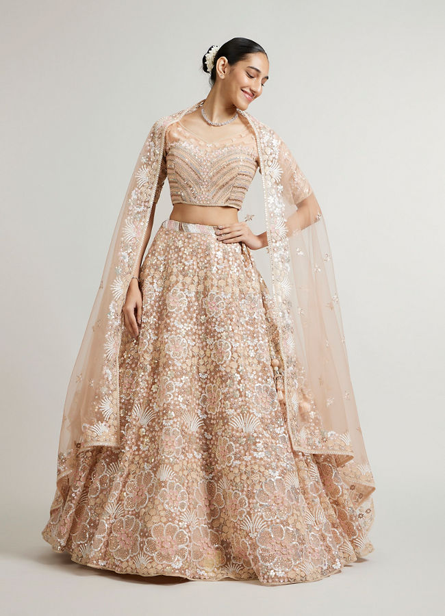 Mohey Women Coral Peach Floral Embriodered Lehenga with Sequin Embellishments