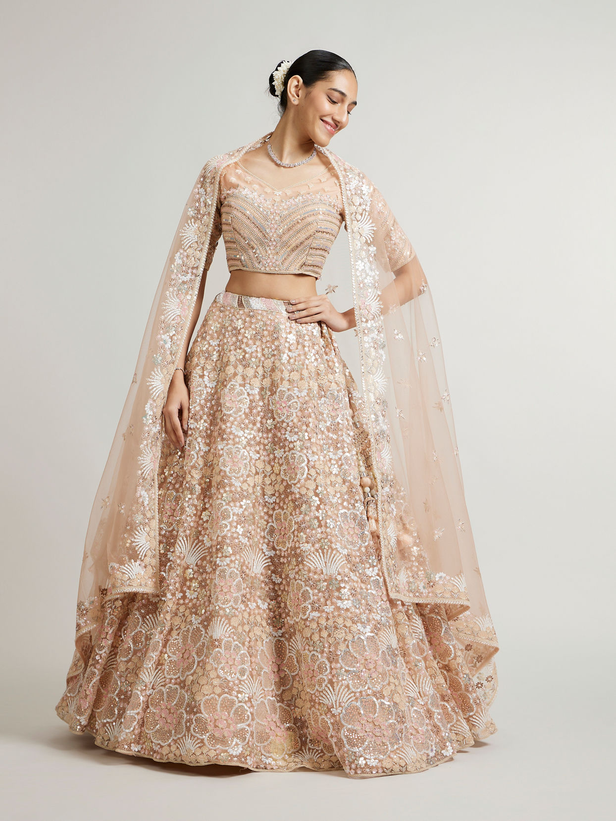 Mohey Women Coral Peach Floral Embriodered Lehenga with Sequin Embellishments
