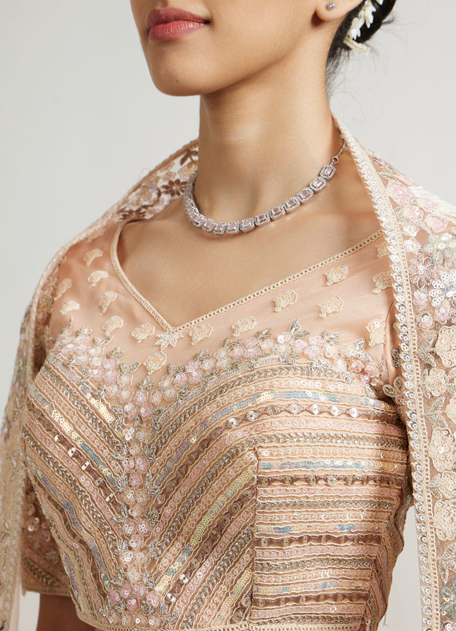 Mohey Women Coral Peach Floral Embriodered Lehenga with Sequin Embellishments