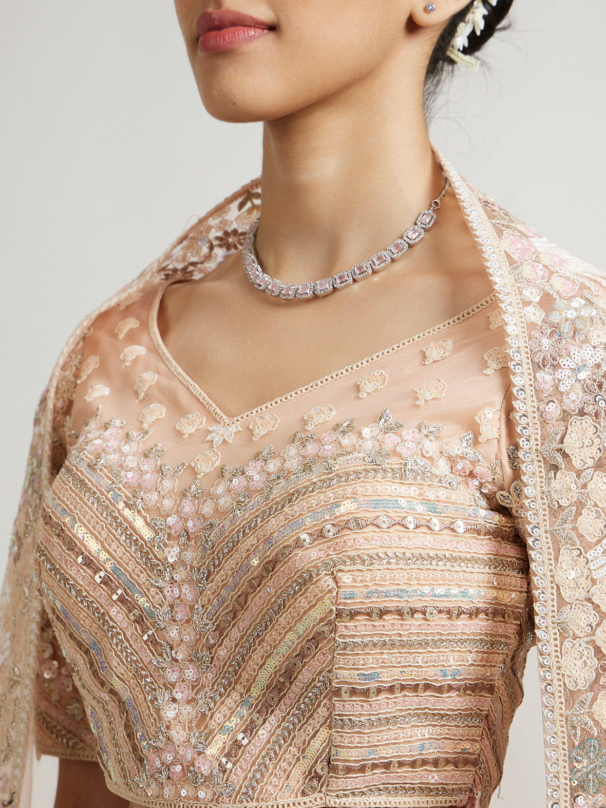 Mohey Women Coral Peach Floral Embriodered Lehenga with Sequin Embellishments