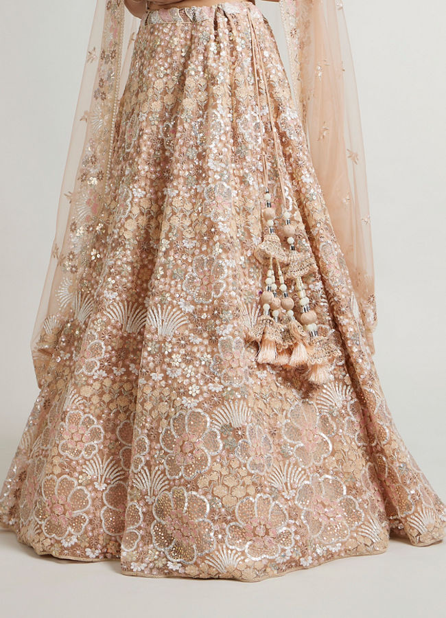 Mohey Women Coral Peach Floral Embriodered Lehenga with Sequin Embellishments