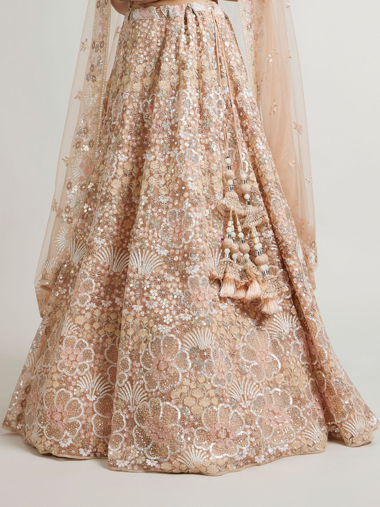 Mohey Women Coral Peach Floral Embriodered Lehenga with Sequin Embellishments