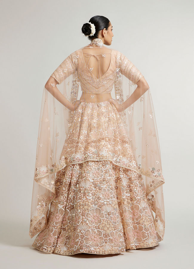 Mohey Women Coral Peach Floral Embriodered Lehenga with Sequin Embellishments