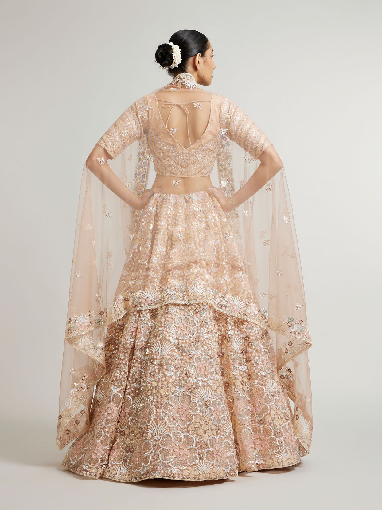 Mohey Women Coral Peach Floral Embriodered Lehenga with Sequin Embellishments