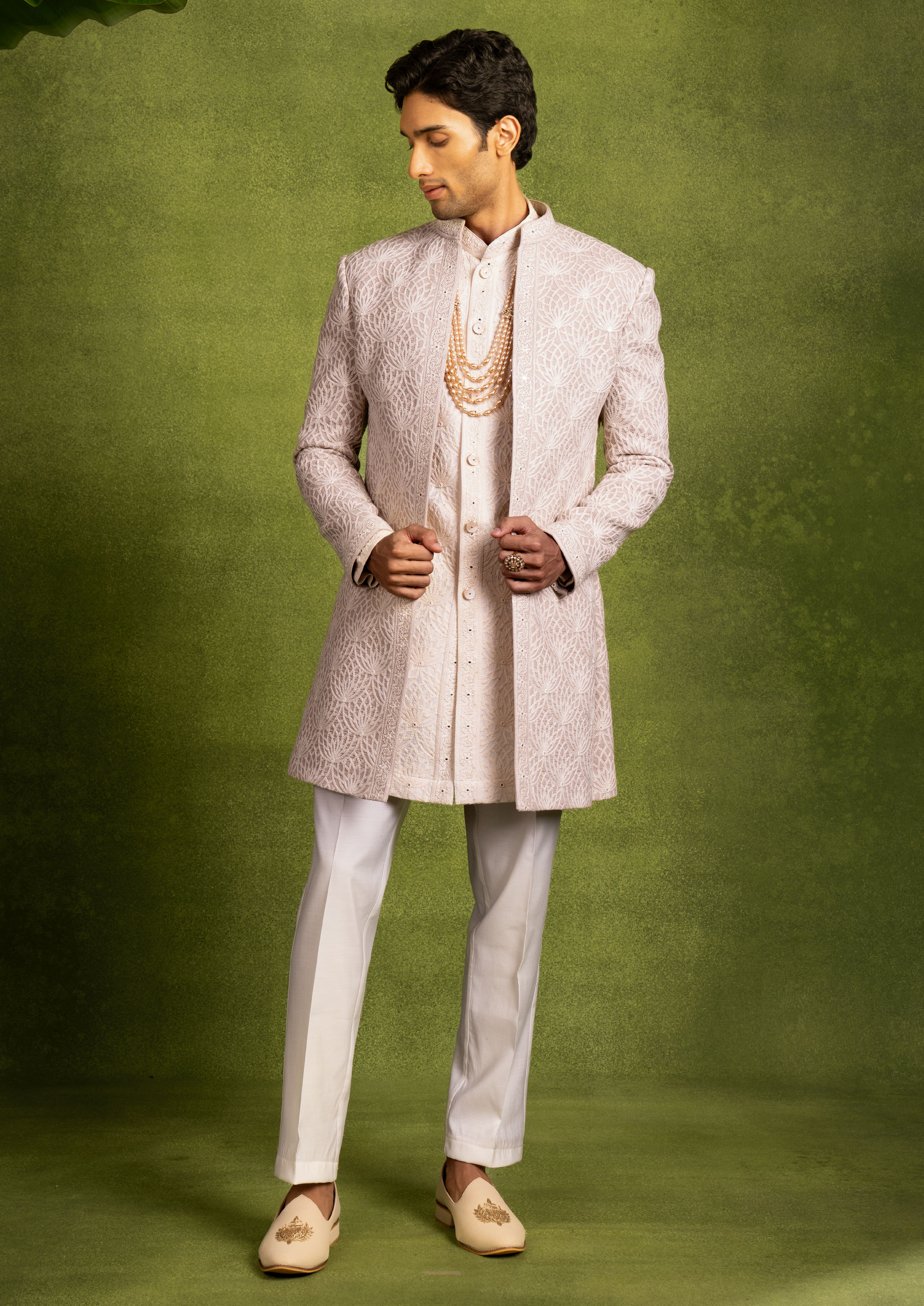 Twamev Men Beige Georgette Grandeur Indo Western