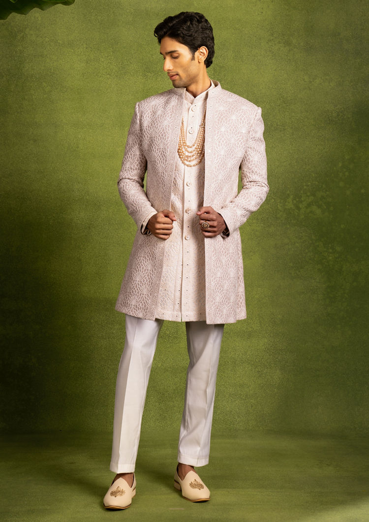 Twamev Men Beige Georgette Grandeur Indo Western