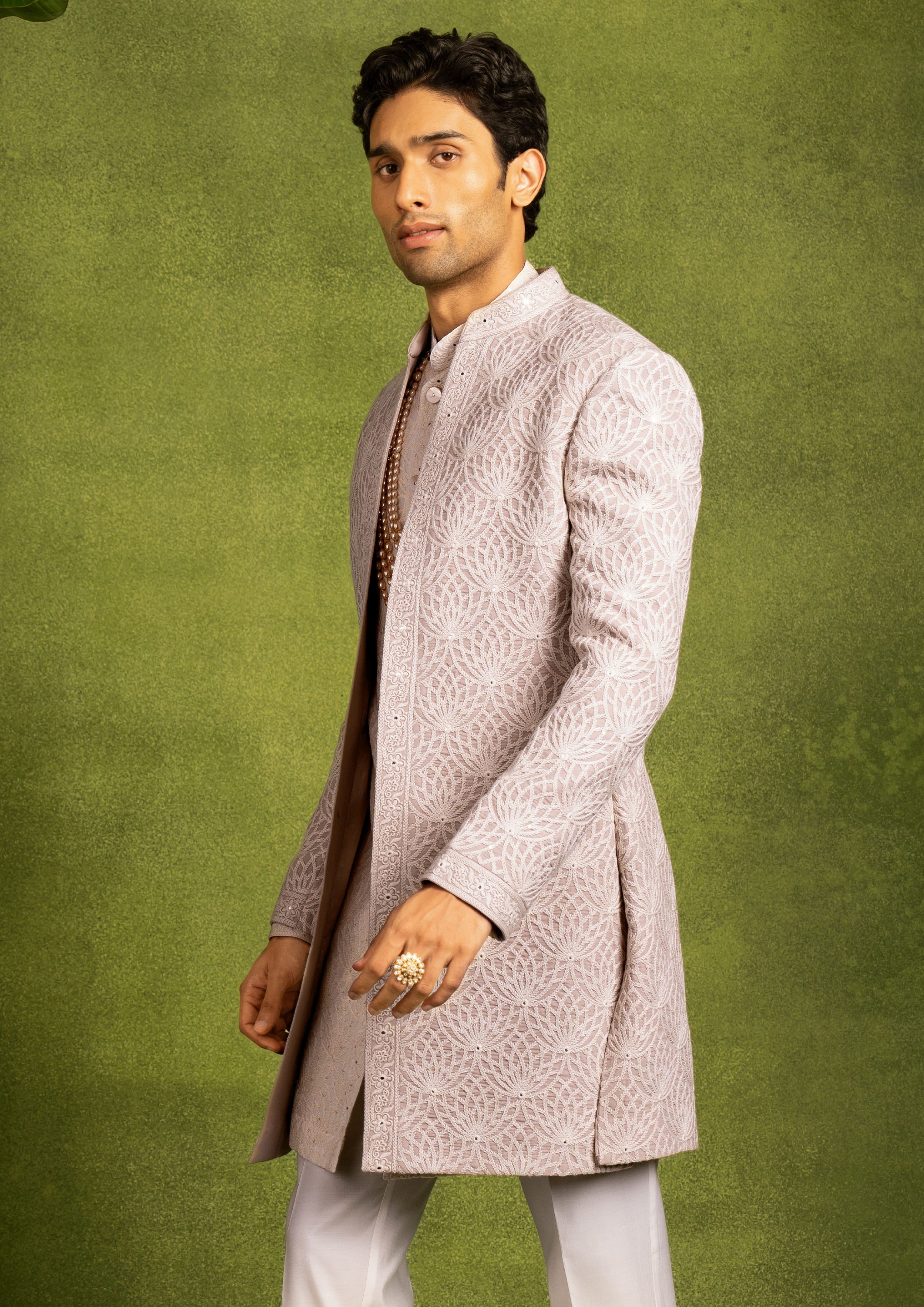 Twamev Men Beige Georgette Grandeur Indo Western