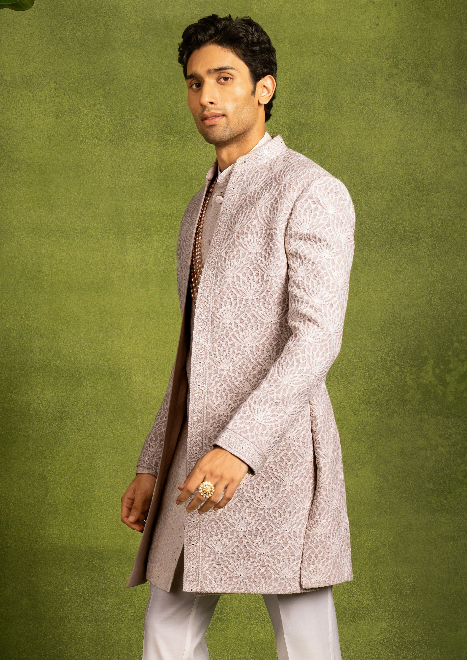 Twamev Men Beige Georgette Grandeur Indo Western