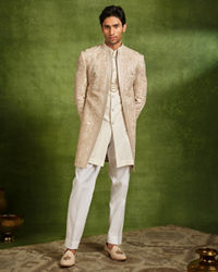Twamev Men Fawn Georgette Ivory Zari Thread Embroidered Indo Western Set