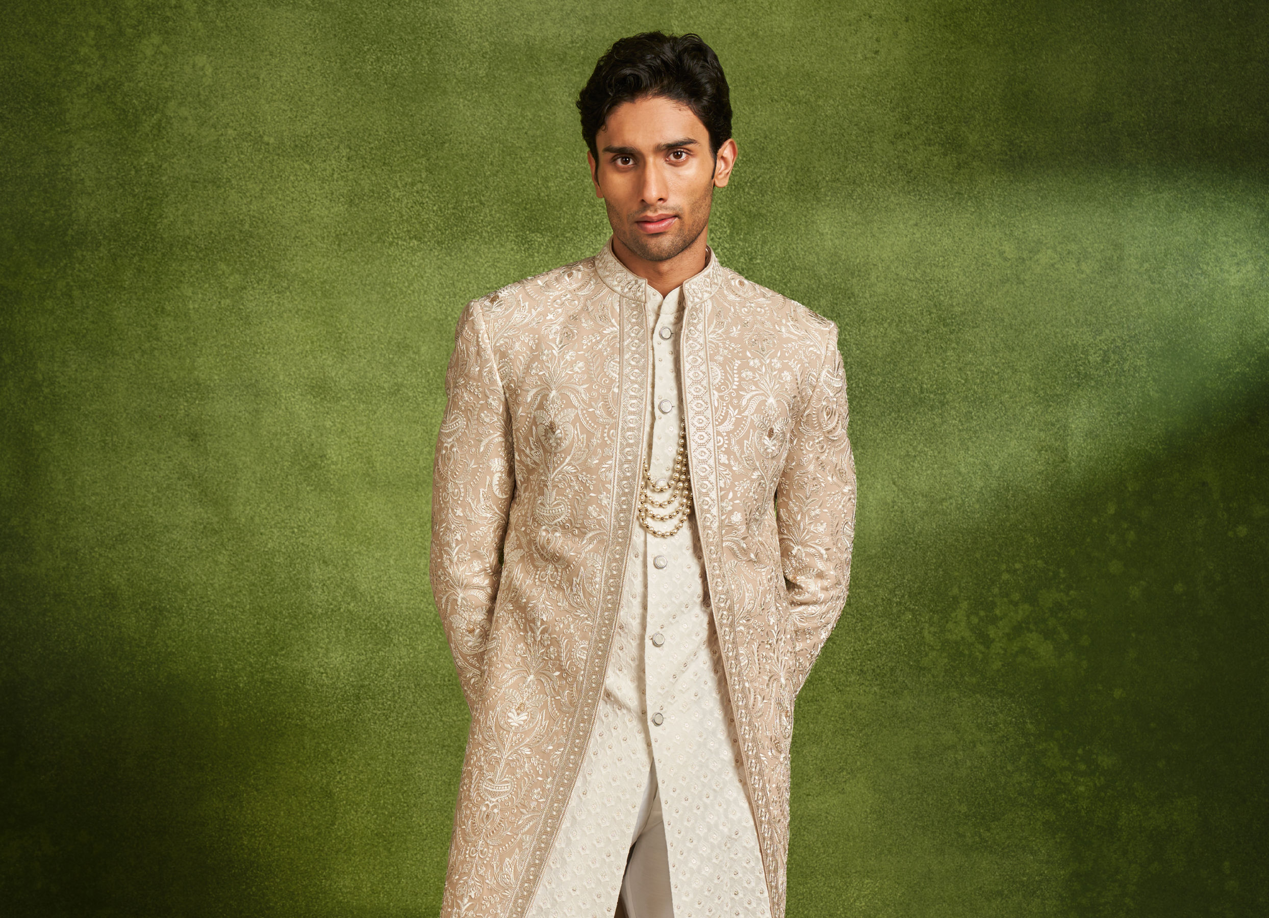 Twamev Men Fawn Georgette Ivory Zari Thread Embroidered Indo Western Set