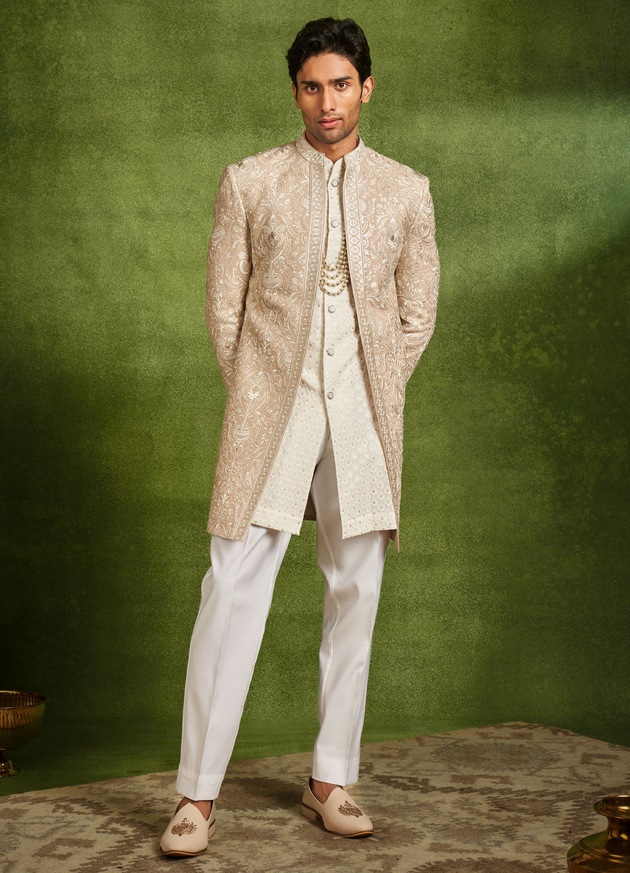 Twamev Men Fawn Georgette Ivory Zari Thread Embroidered Indo Western Set