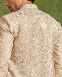 Twamev Men Fawn Georgette Ivory Zari Thread Embroidered Indo Western Set