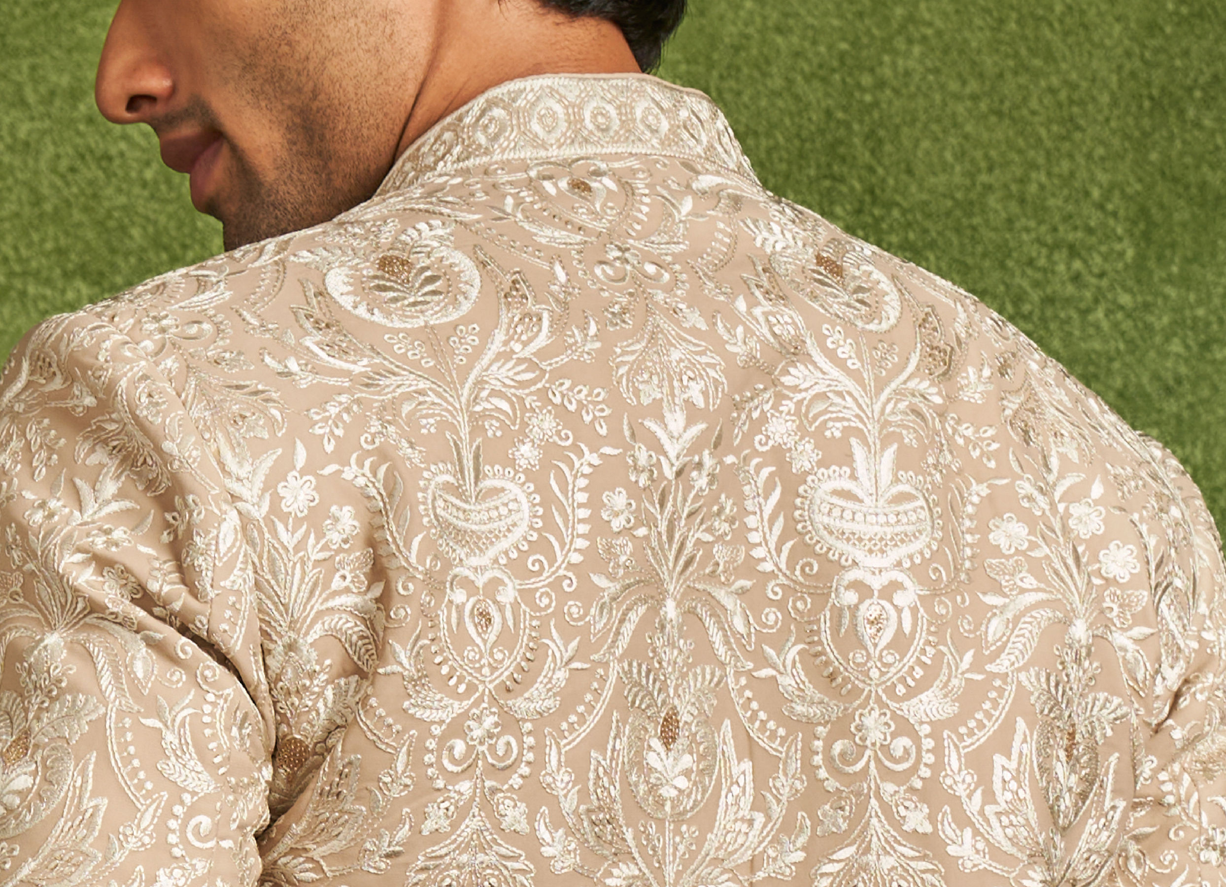 Twamev Men Fawn Georgette Ivory Zari Thread Embroidered Indo Western Set
