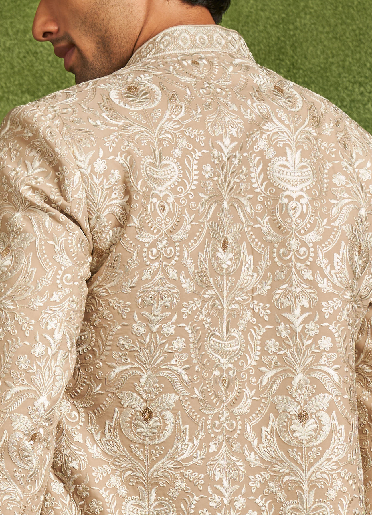 Twamev Men Fawn Georgette Ivory Zari Thread Embroidered Indo Western Set
