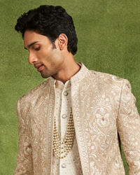 Twamev Men Fawn Georgette Ivory Zari Thread Embroidered Indo Western Set