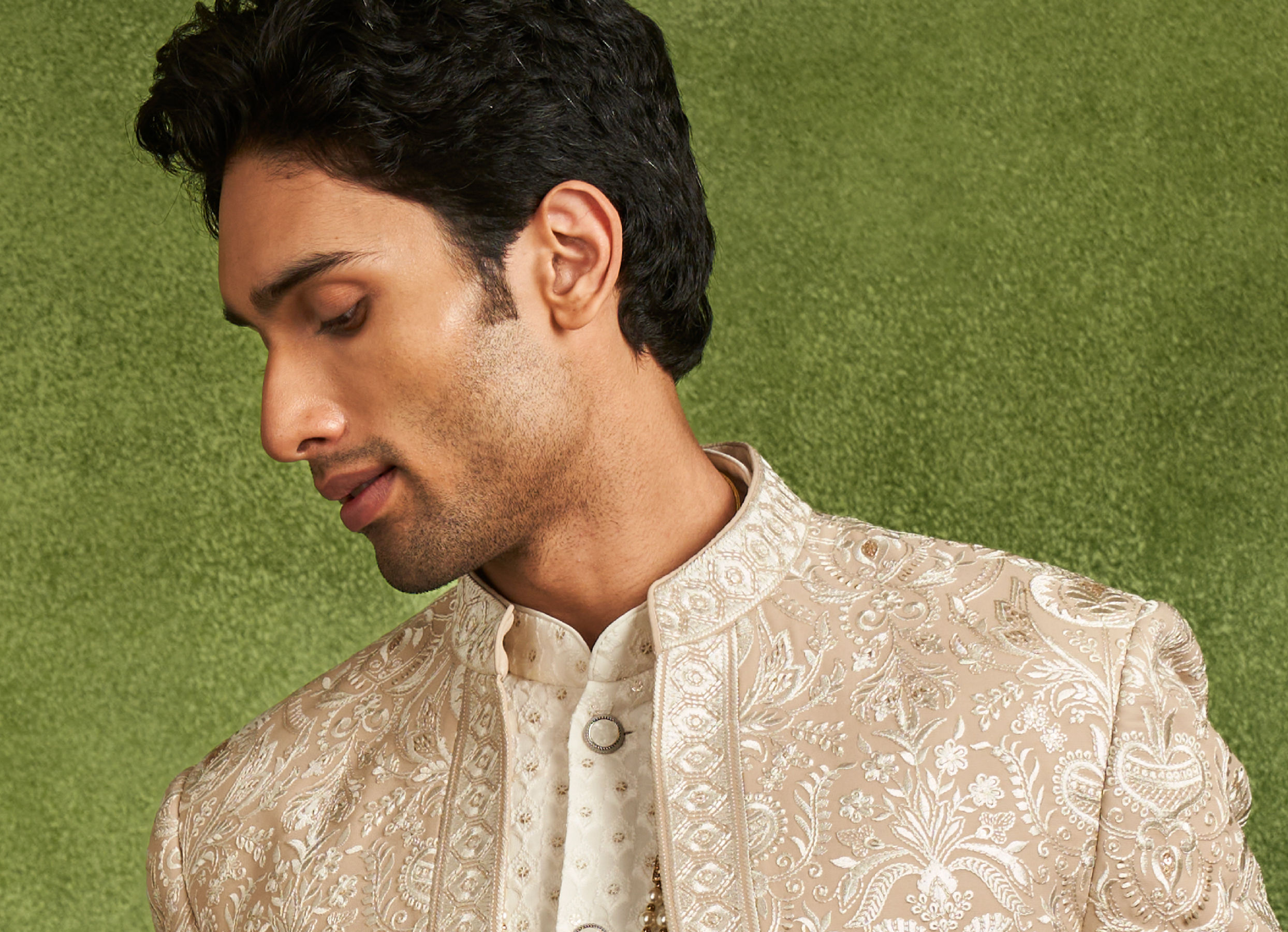 Twamev Men Fawn Georgette Ivory Zari Thread Embroidered Indo Western Set