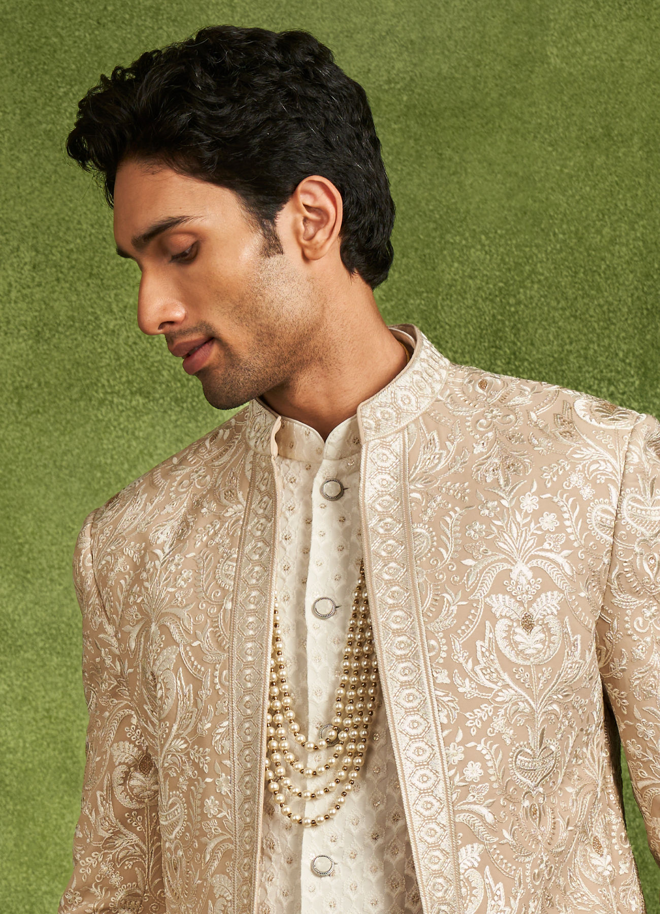 Twamev Men Fawn Georgette Ivory Zari Thread Embroidered Indo Western Set