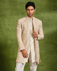 Twamev Men Fawn Georgette Ivory Zari Thread Embroidered Indo Western Set