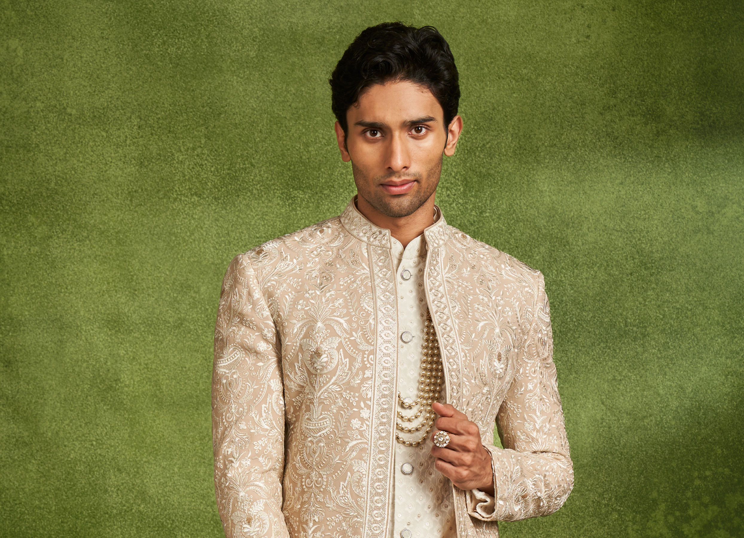 Twamev Men Fawn Georgette Ivory Zari Thread Embroidered Indo Western Set