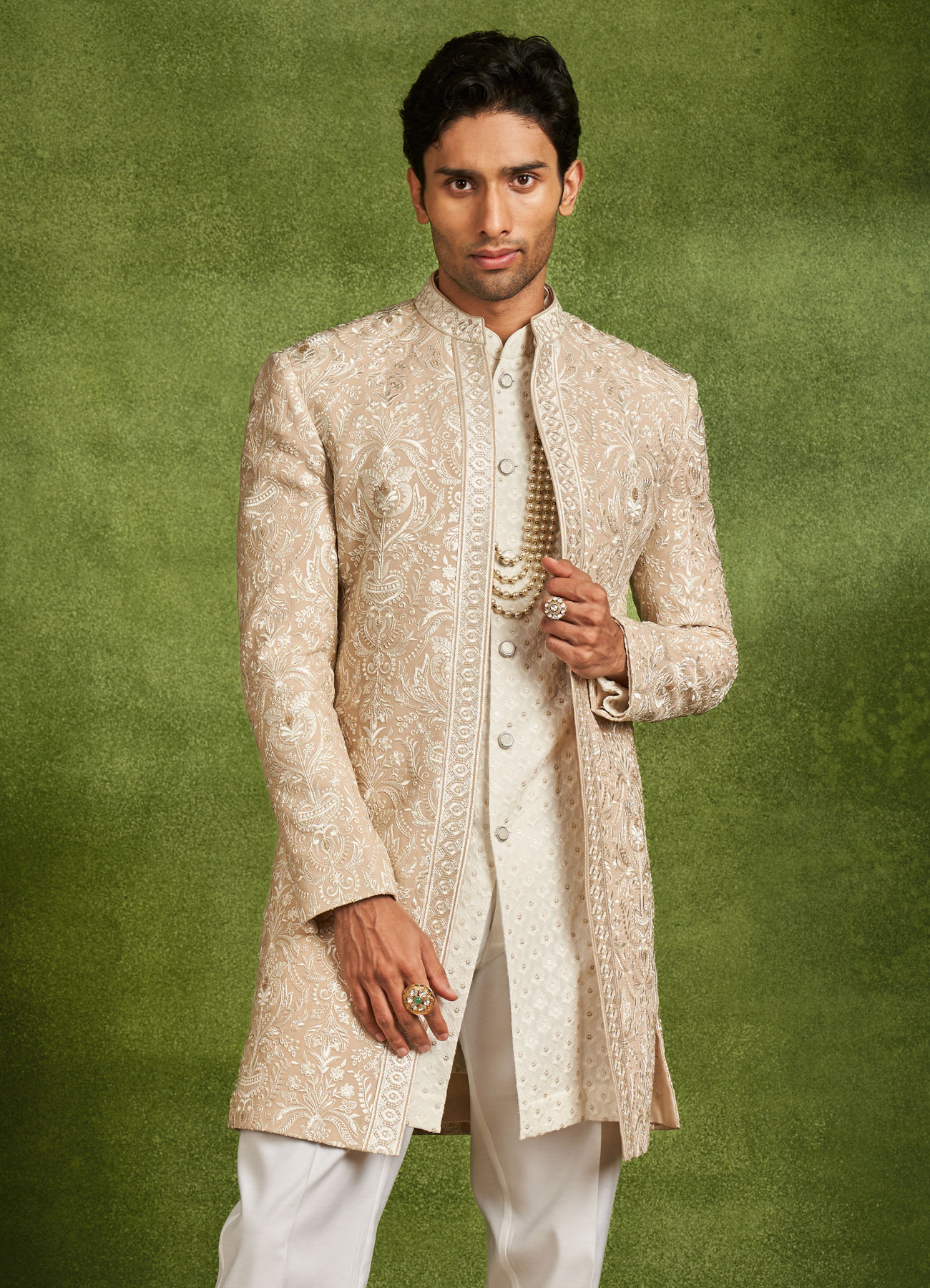 Twamev Men Fawn Georgette Ivory Zari Thread Embroidered Indo Western Set
