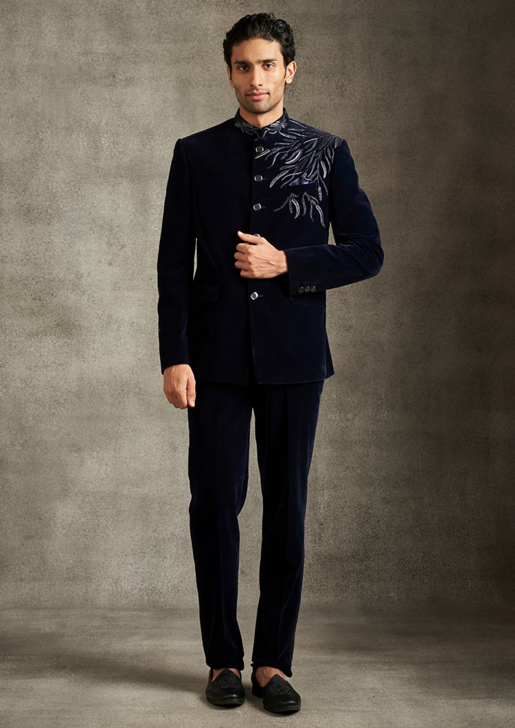 Twamev Men Dark Blue Feather Embroidered Velvet Jodhpuri Set