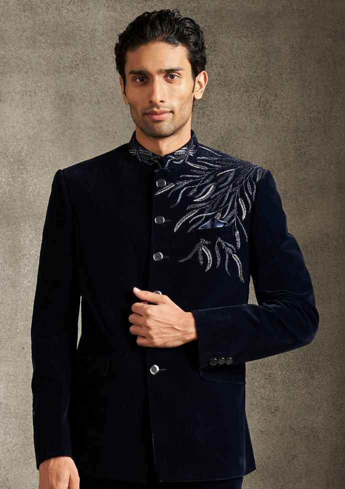 Twamev Men Dark Blue Feather Embroidered Velvet Jodhpuri Set