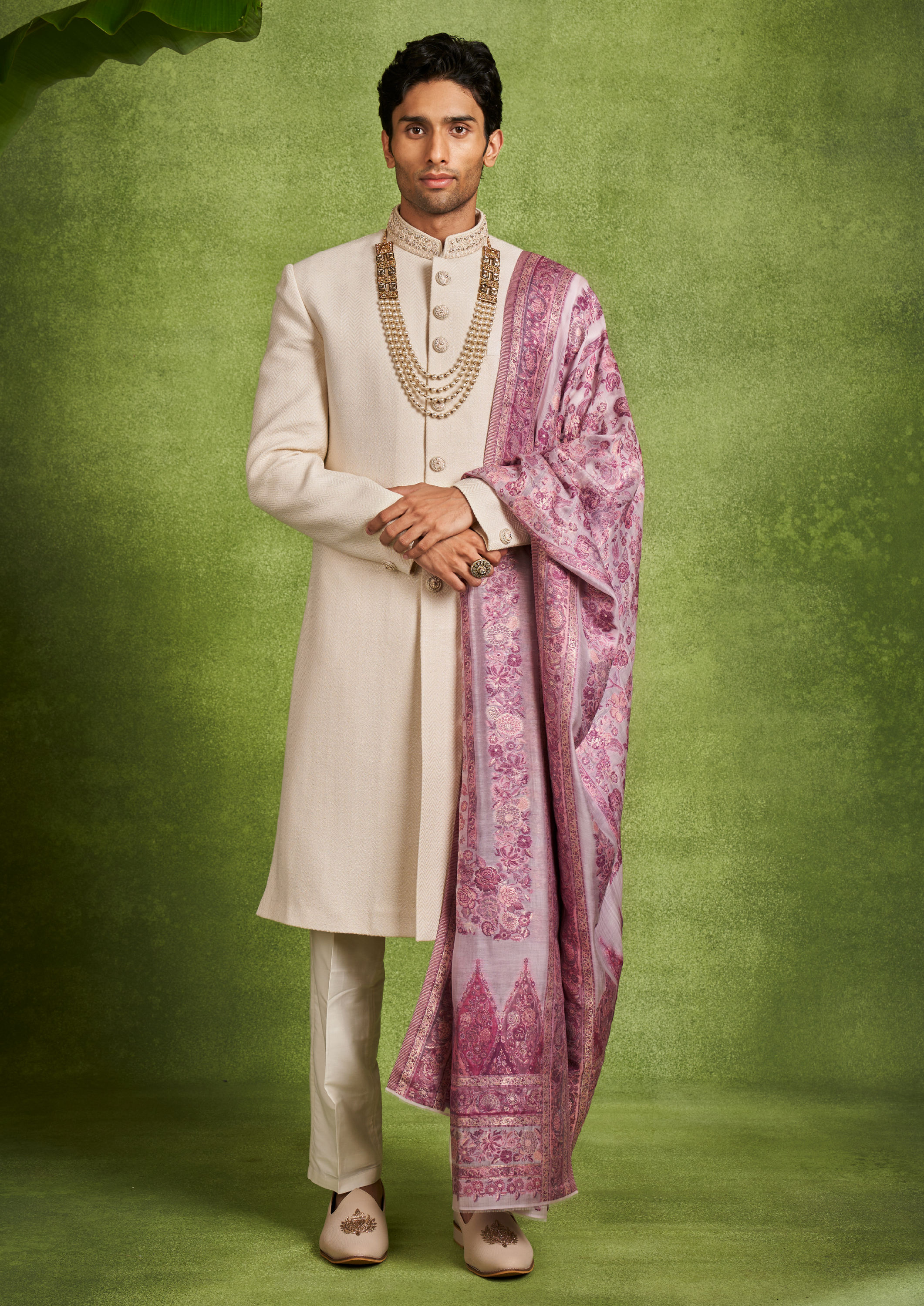 Twamev Men Beige Brocade Sherwani