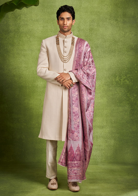 Twamev Men Beige Brocade Sherwani