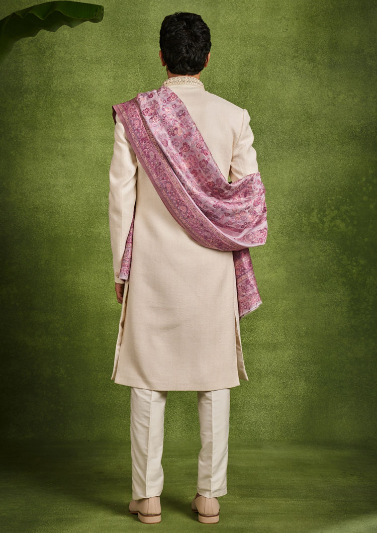 Twamev Men Beige Brocade Sherwani