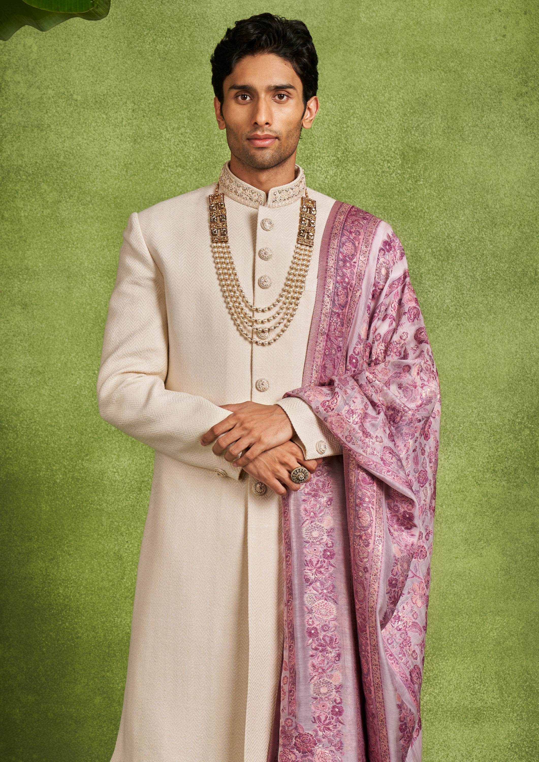 Twamev Men Beige Brocade Sherwani