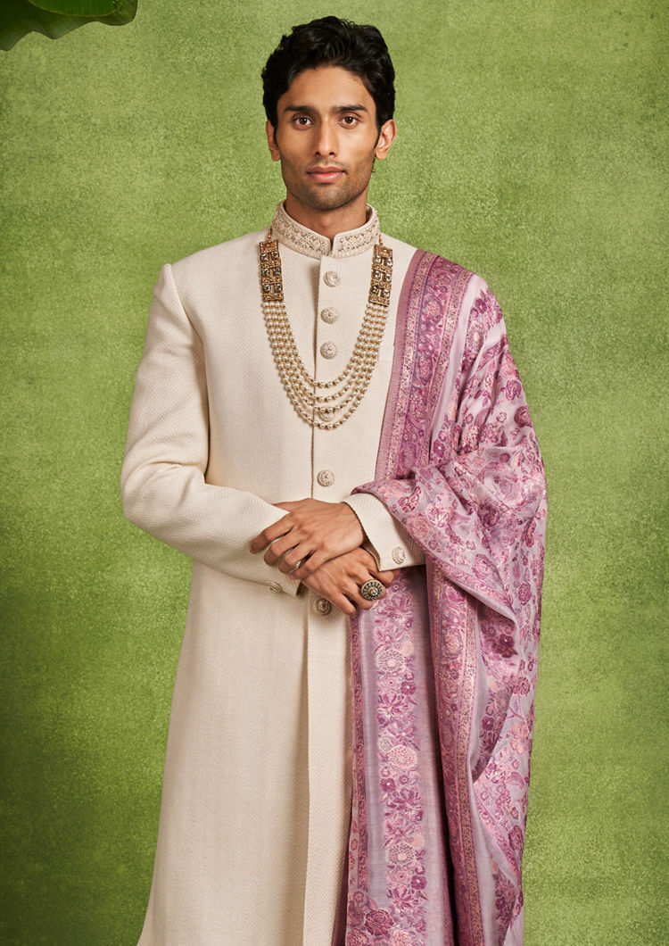 Twamev Men Beige Brocade Sherwani