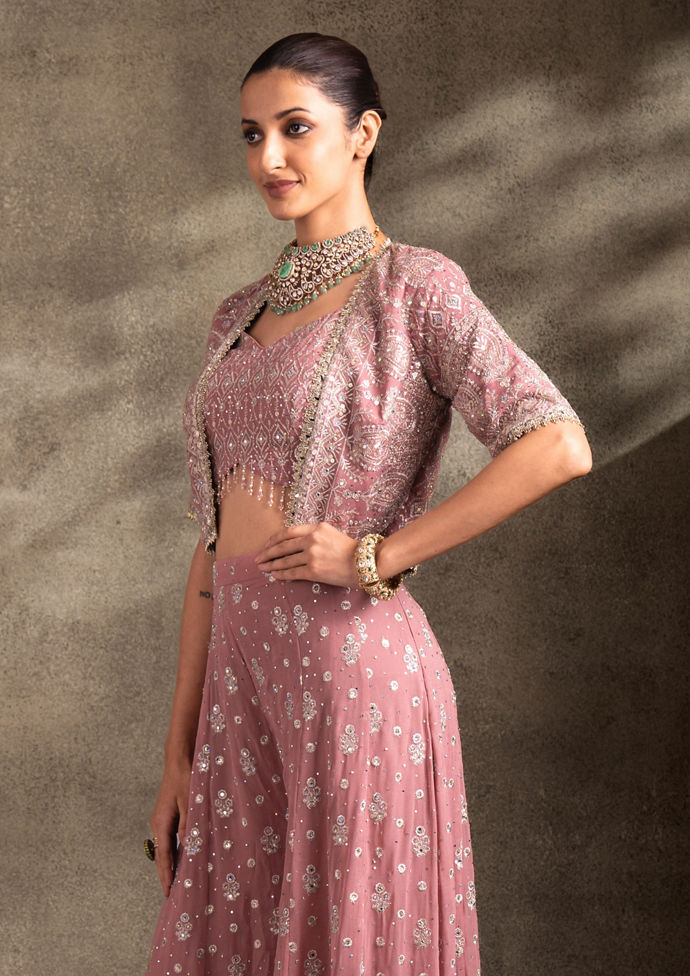 Twamev Women Purple Silk Aari Embroidered Croptop Bolero With Sharara