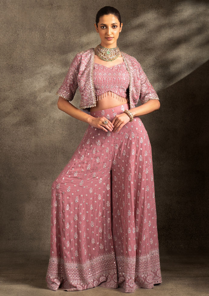 Twamev Women Purple Silk Aari Embroidered Croptop Bolero With Sharara