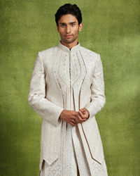 Twamev Men Elegant Cream Art Silk Sherwani Set