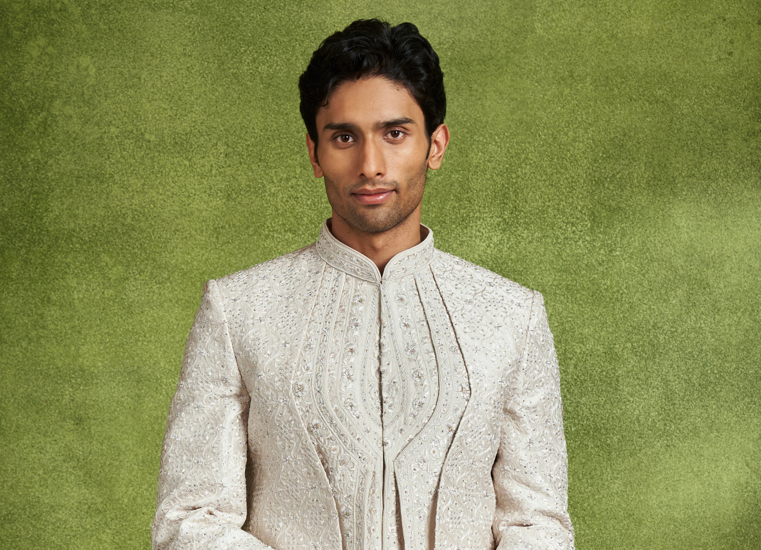 Twamev Men Elegant Cream Art Silk Sherwani Set