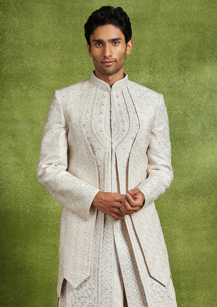 Twamev Men Elegant Cream Art Silk Sherwani Set