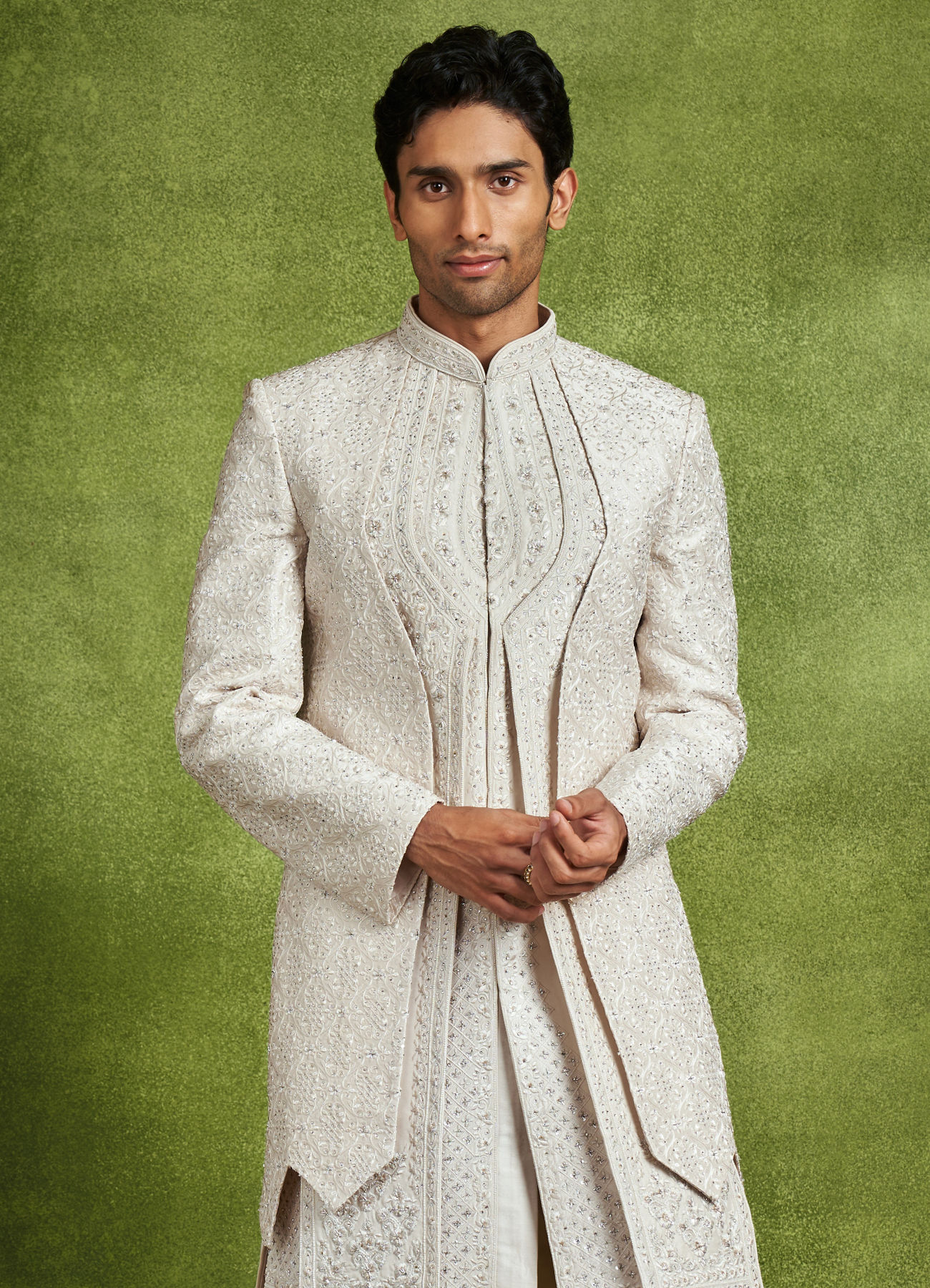 Twamev Men Elegant Cream Art Silk Sherwani Set
