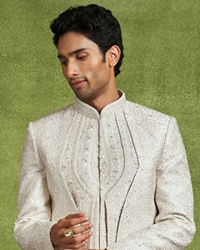 Twamev Men Elegant Cream Art Silk Sherwani Set