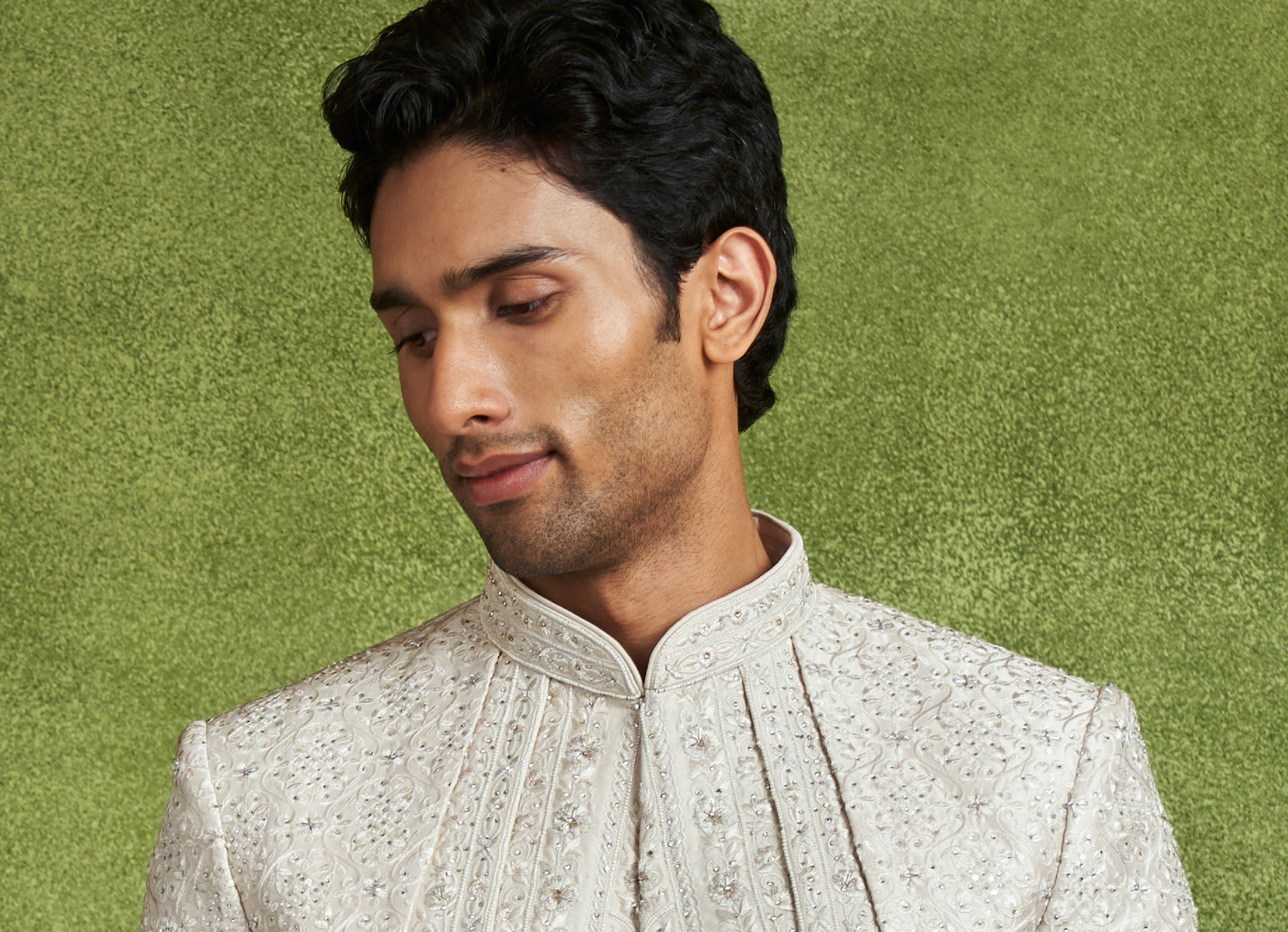 Twamev Men Elegant Cream Art Silk Sherwani Set
