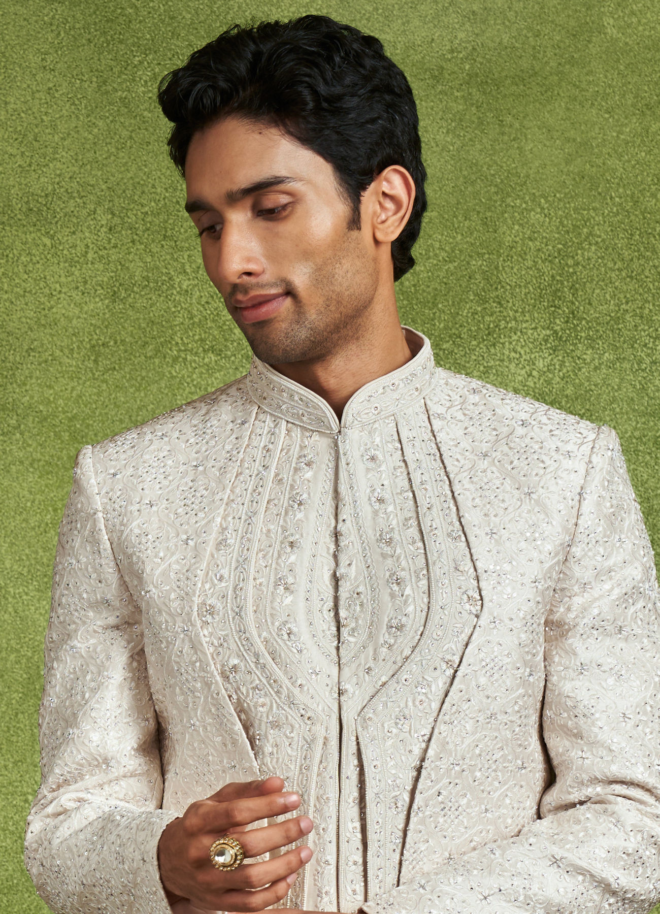 Twamev Men Elegant Cream Art Silk Sherwani Set